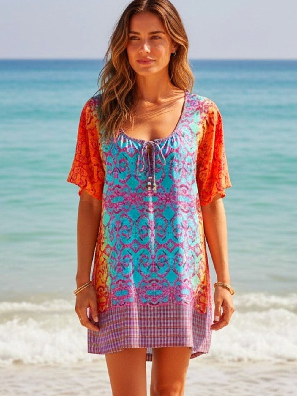 Nanette Lepore Swim Coverup Multicolored Short-Sleeve Jersey Tunic Good Cond - L